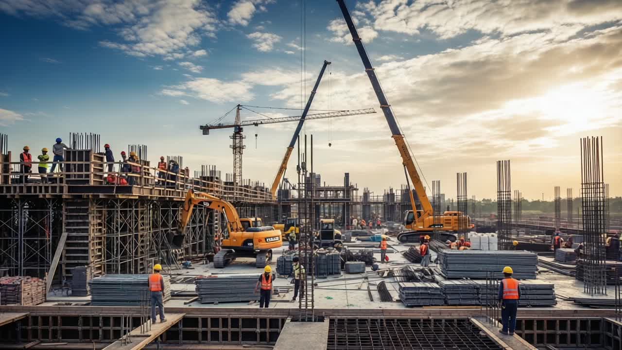 Dynamic Construction Site at Dawn: Workers Collaborate on Steel Framework and Heavy Machinery to Build Modern Infrastructure with Tower Cranes Against a Stunning Sky