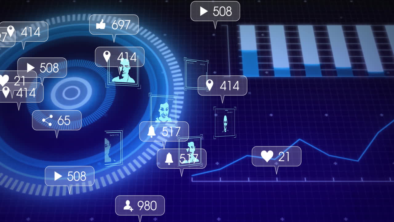 Futuristic circular HUD displaying avatar frames, social icons, rising line graph and bar chart