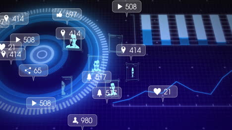 futuristic circular hud displaying avatar frames, social icons, rising line graph and bar chart