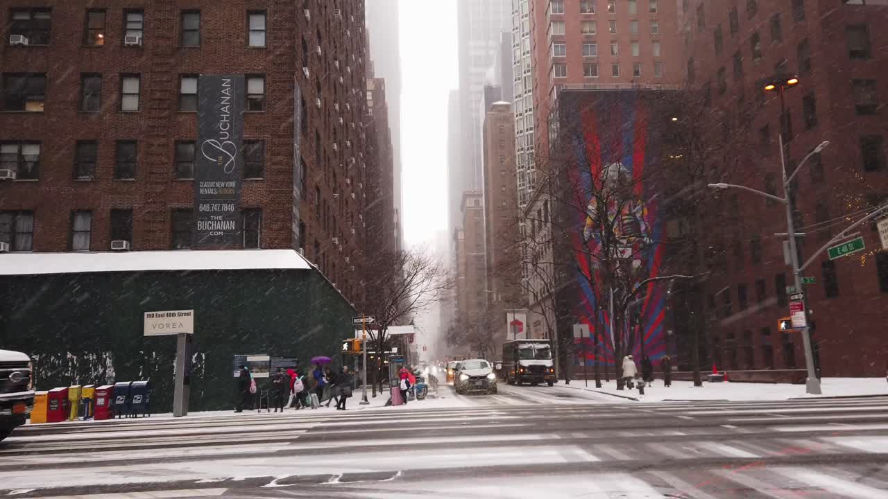 Cinematic and slow motion shots filmed in New York City representing everyday lifestyle with a personal feel-first person in 4K. These were filmed around some blocks of the area during a snowstorm.