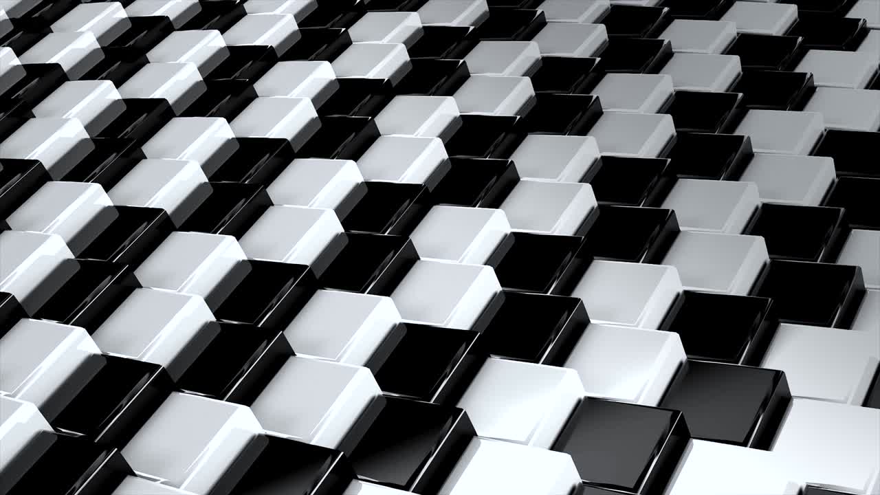 Abstract square black and white geometric surfaces loop: light bright minimal quadrangle pattern, wavy motion background