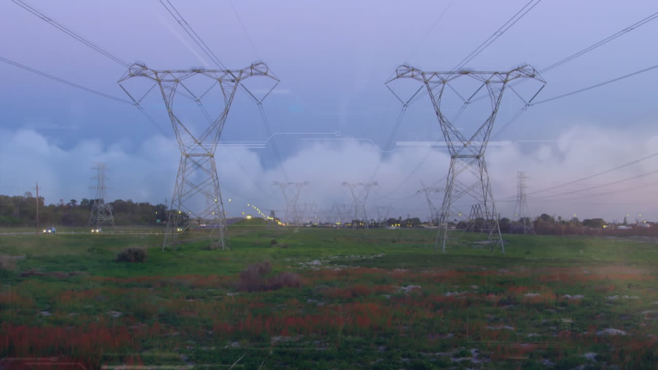 Animation of data processing over landscape with electricity pylons