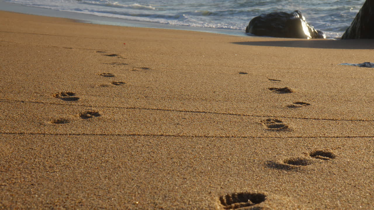 Foot Marks On The Sandy Shorelines Near Vila Nova de Gaia In Porto, Portugal. Close-up Shot