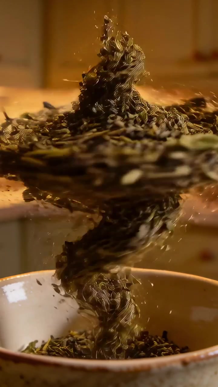 Vertical video: Spinning ring starting tea leaves forming vortex above counter, collecting in bowl