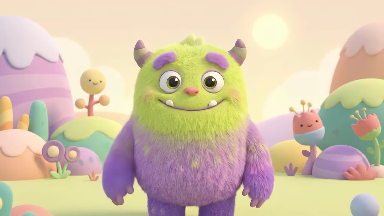 Monstro fofo verde e roxo, acenando e sorrindo