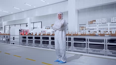 full body side view of asian male scientist crossing his arms and smiling with conveyor for packaging coffee beans in bags at coffee factory