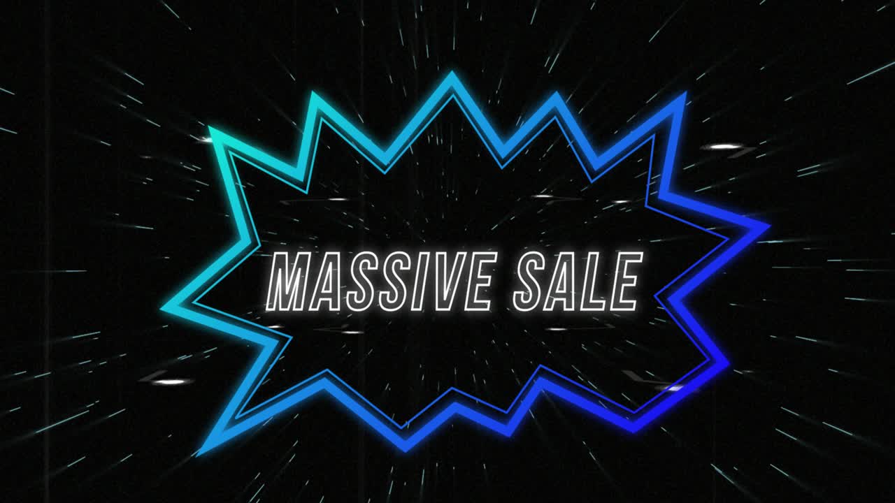 Animation of massive sale over blue shape and lights on black background