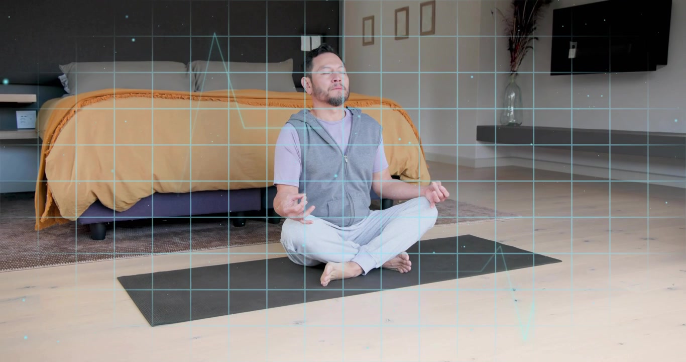 Adult male entering mat initiating grid overlay with pulsing waveform guiding wellness meditation