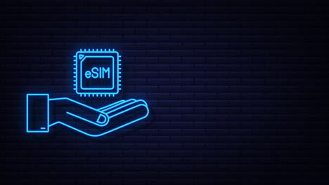 neon 5g esim embedded sim card with hands icon symbol concept. new chip mobile cellular communication technology. motion graphic