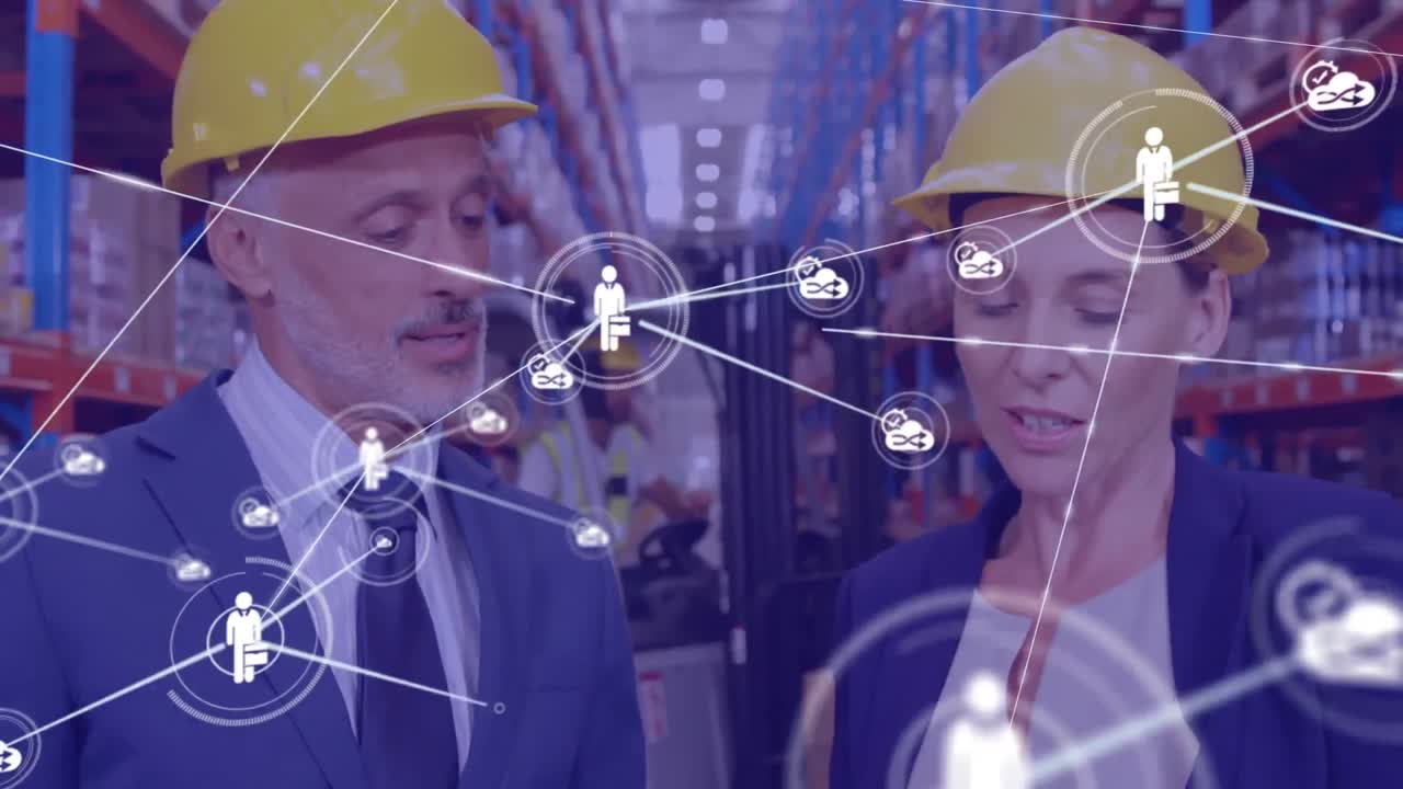 анимация сети икон на различных мужских и женских старших руководителей, обсуждающих на складе