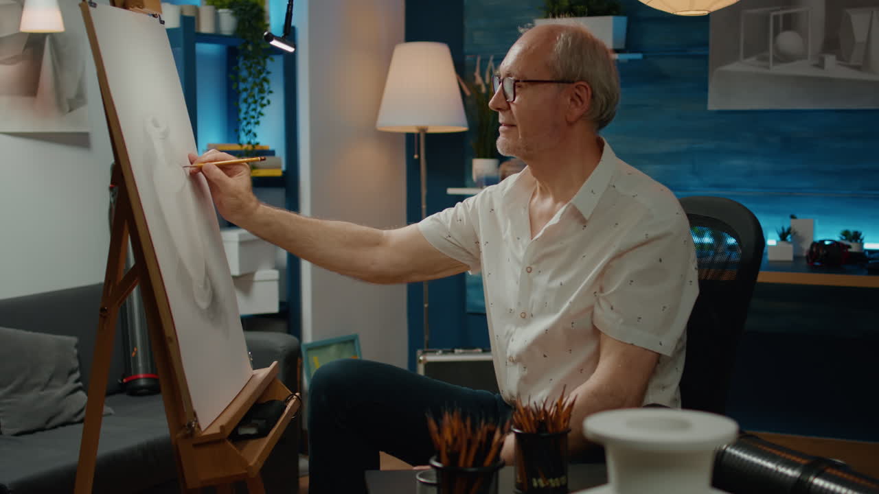 Artist in retirement age drawing authentic vase sketch