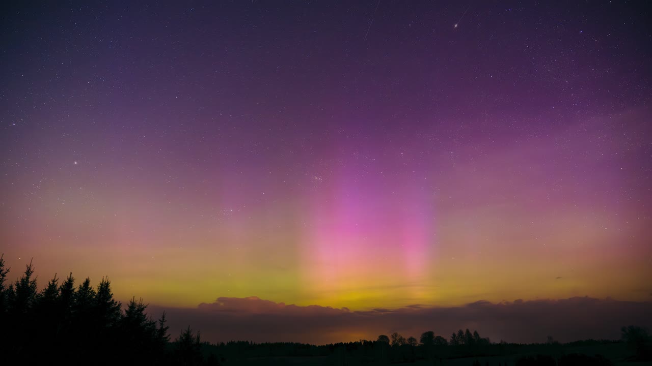 Magical northern lights aurora display over forest horizon with stars and twilight colors in the sky. Night sky timelapse of glittering stars.