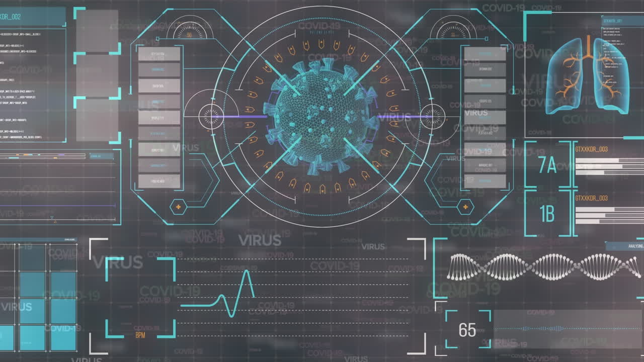 animación de la célula de covid 19 y procesamiento de datos