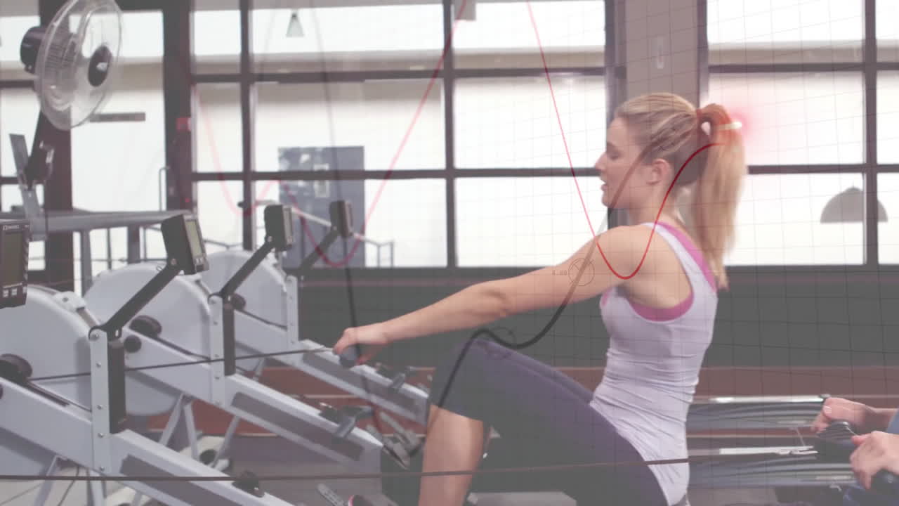 two exercisers rowing in fitness gym, displaying animated performance charts on digital monitors