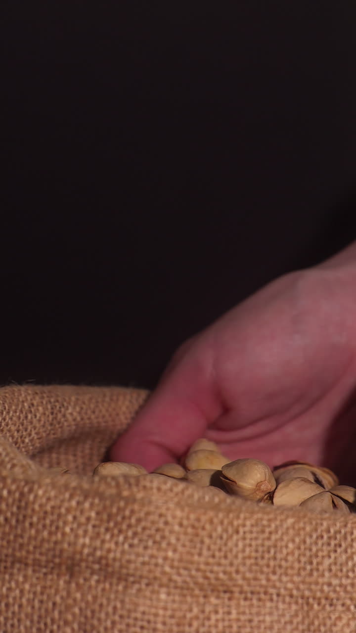 Slow-motion close-up of pistachio nuts falling gently into cupped hands over a burlap surface. The dim lighting and textured background create a rustic, natural feel with tactile and organic emphasis.