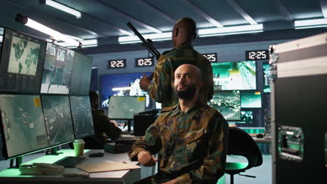 military agent using augmented reality tech in control room