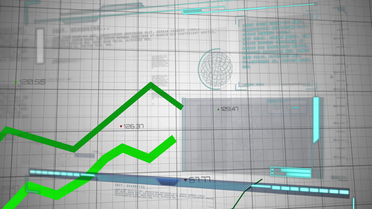 Rising green line graph on digital interface with data and grid background