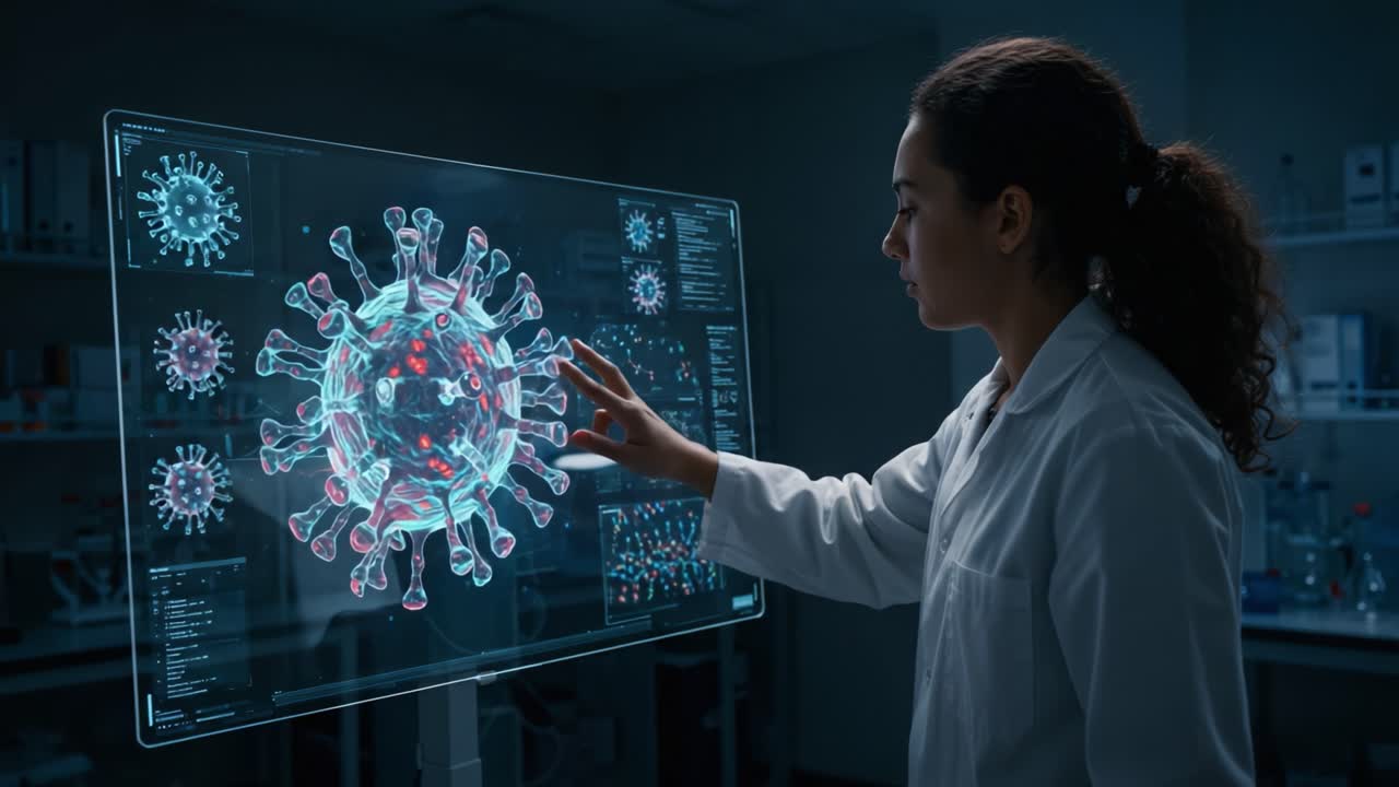 Esplorare le strutture virali: uno scienziato interagisce con una visualizzazione in 3D della patogenesi virale in un ambiente di laboratorio all'avanguardia