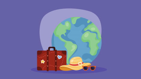 suitcase with earth planet and hat animation