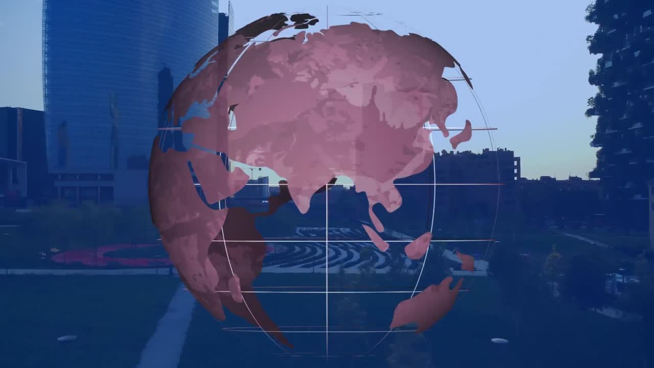 은 하늘을 배경으로 비즈니스 파크의 공중 전망 위에서 회전하는 지구의 애니메이션