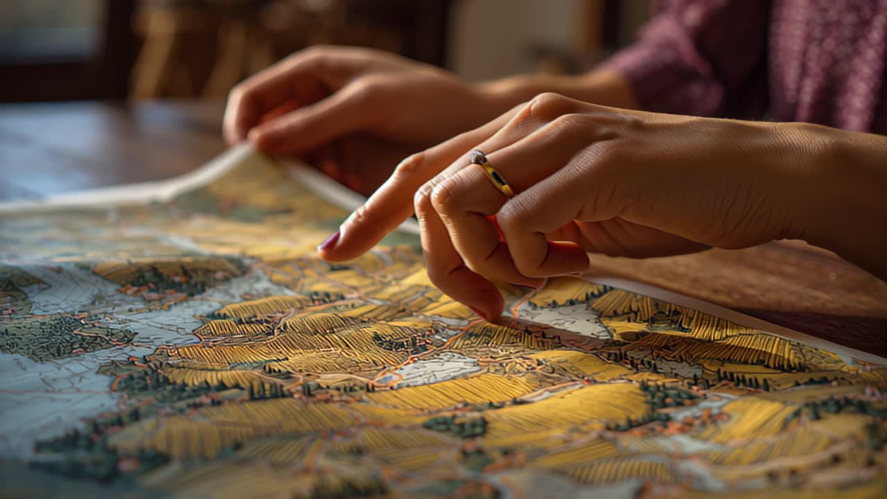 Close-up footage of a person’s hands pointing at a detailed paper map on a wooden table, planning a route for vacation travel, navigation, and trip itinerary indoors