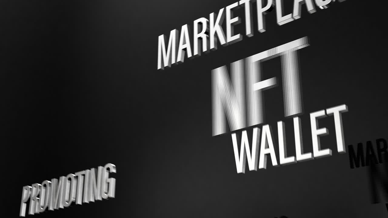 3D chrome text word cloud flying motion of NFT  Concept animation effect on black background.4K 3D animation of NFT concept word flying word effect element