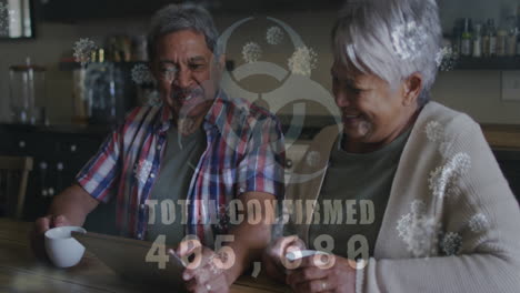 animation of biohazard symbol, covid 19 cells and text over senior couple using tablet at home