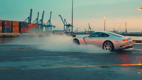 silver sports car drifting in a shipping port