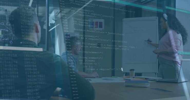 Business Team Collaborating in Office with Digital Data Overlay