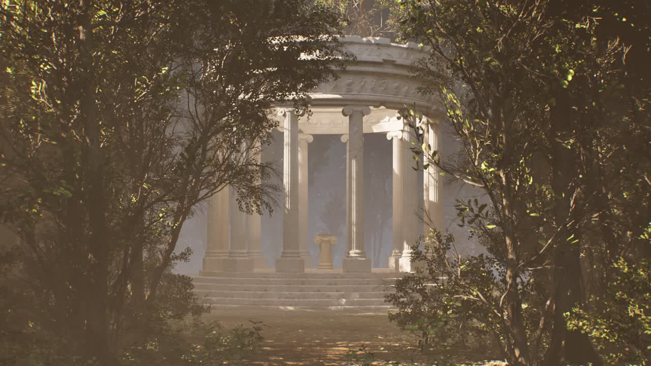 Ancient greek temple ruins in an enchanted forest