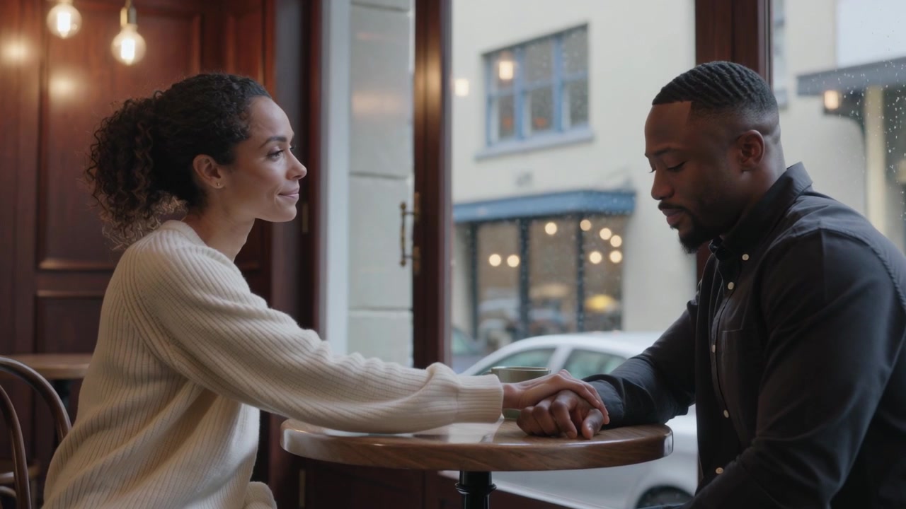 Speaking man, woman in cream sweater placing hand on his for comfort at cafe window, cup