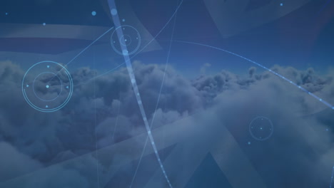 animation of network of connections with flag of united kingdom over clouds in background
