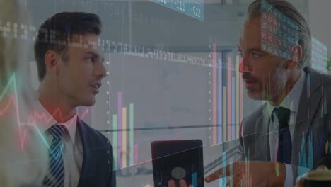 business professionals discussing over financial data charts and graphs animation