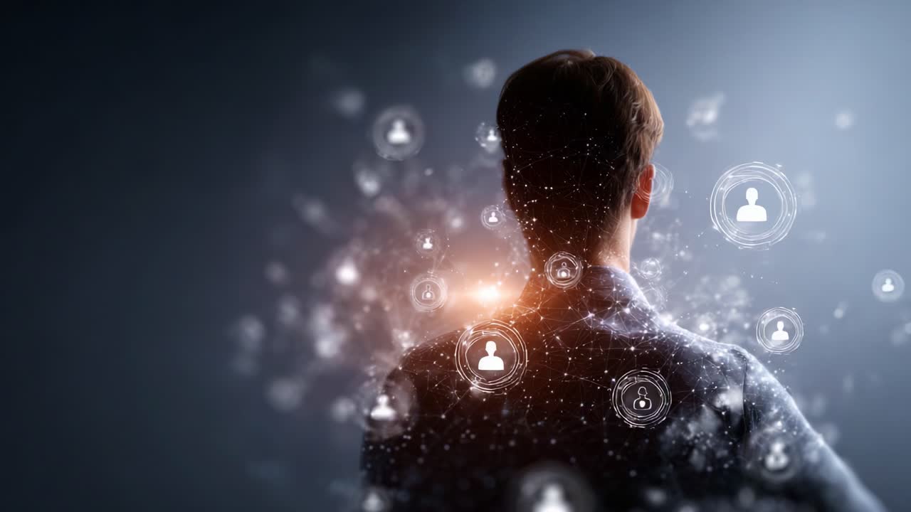 A silhouette of a person engaging with a digital network of connected identities, illustrating the interconnectedness of individuals in a modern, virtual landscape