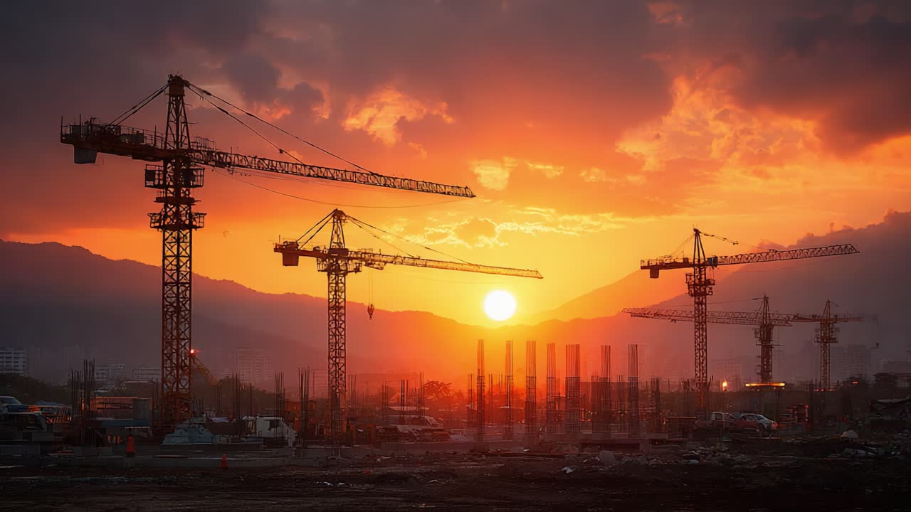 A Breathtaking Sunset Over a Construction Site Featuring Tower Cranes Silhouetted Against the Multicolored Sky, Capturing the End of a Productive Day in Urban Development