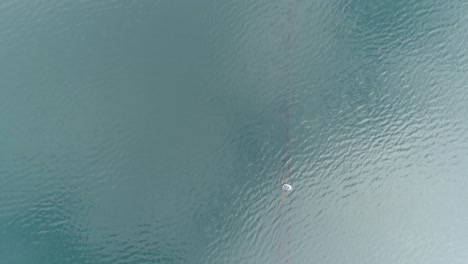 topdown aerial along calm textured loch water, following the line of a fishnet with buoys attached