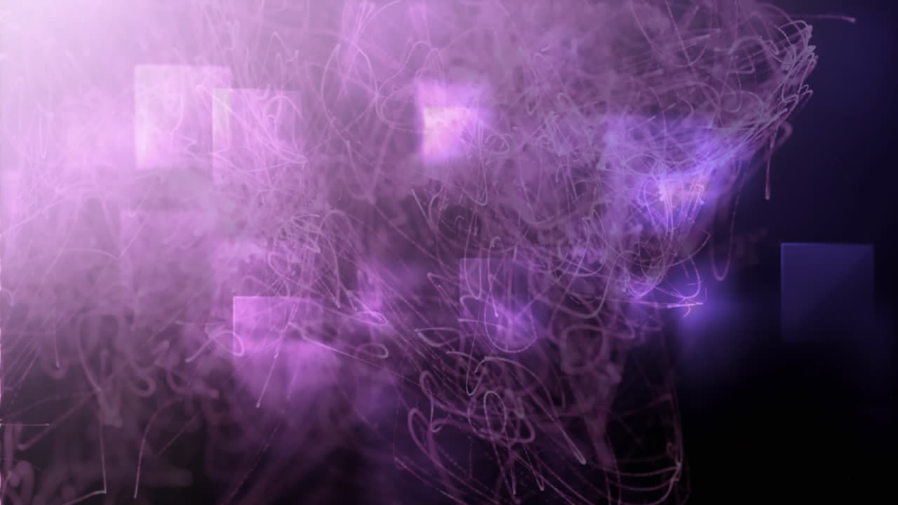 Animazione di linee ondulate su forme quadrate su uno sfondo viola con spazio per il testo