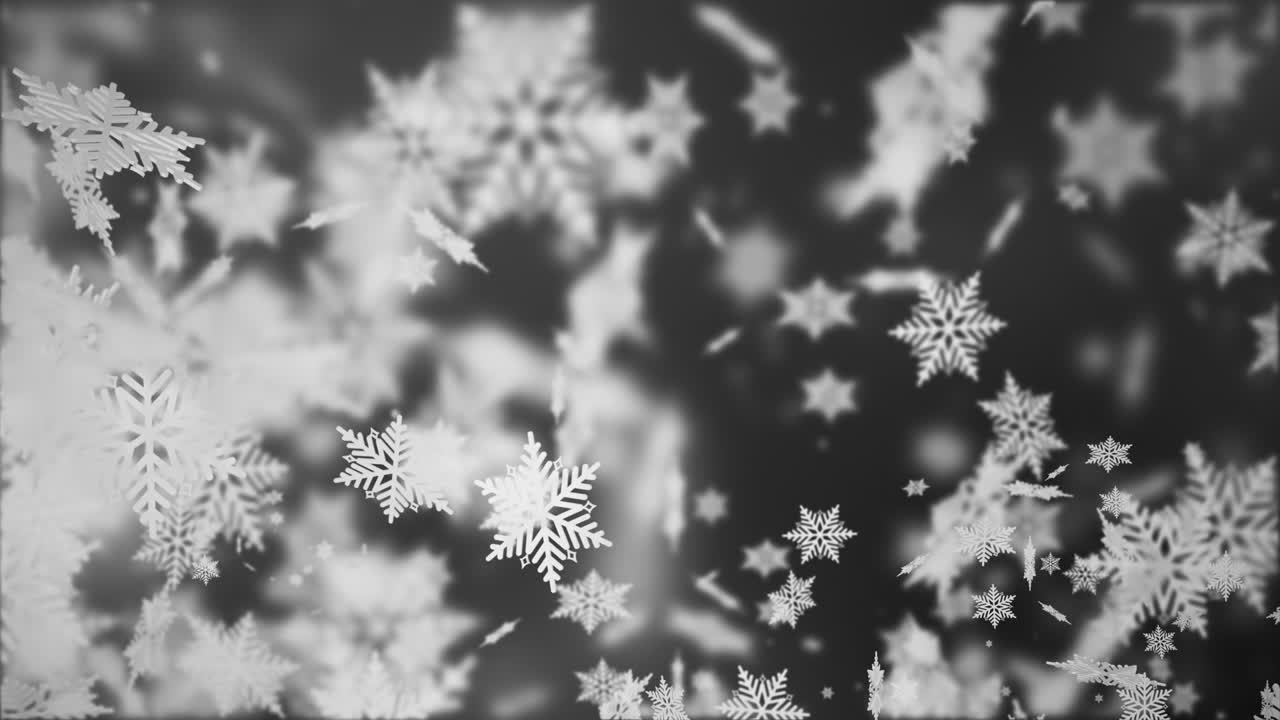 3d hermosos copos de nieve blancos fluyen de lado izquierdo a lado derecho en fondo negro. abstract caída de copos de neve partículas de neve 4k animado de bucle de fondo. feliz navidad, año nuevo, boda,