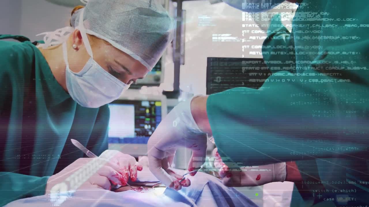 수술 중 백인 외과 의사에 대한 데이터 처리 애니메이션