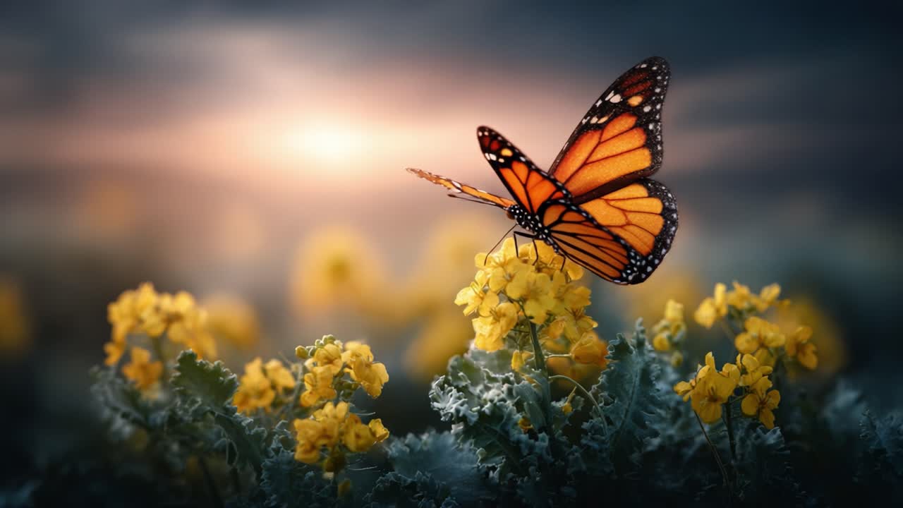 A Vibrant Monarch Butterfly Perched Gracefully on Bright Yellow Flowers Against a Softly Blurred Sunset Background, Capturing the Essence of Nature's Beauty