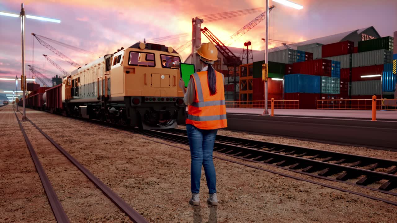Full Body Back View Of Asian Female Engineer With Safety Helmet Working On A Green Screen Tablet And Looking Around With Freight Cargo Train At Port