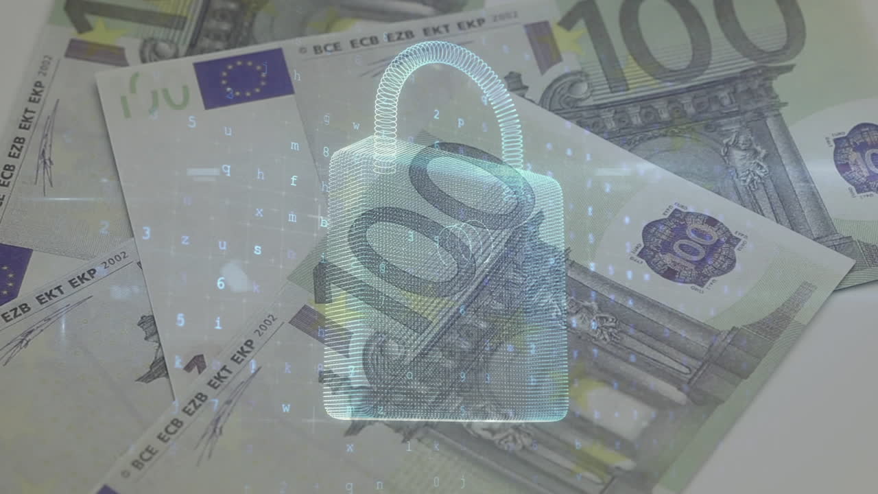 animación de números y candado de seguridad sobre billetes en euros que caen