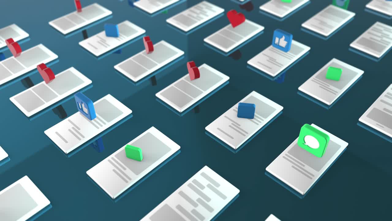 representación en 3d del fondo con los símbolos como, pulgar hacia arriba, mensaje recibido, correo electrónico recibido a través de teléfonos móviles. el concepto de una red social. animación cíclica. colores azules oscuros