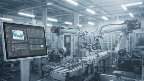 a state-of-the-art industrial automation setting with advanced robotic arms and control monitors enhancing manufacturing efficiency and productivity