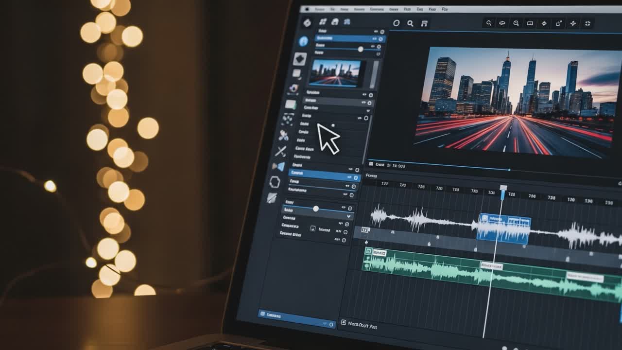Editing Journey: Exploring Digital Media Creation with Software Interface and a City Nightscape Background, Highlighting Creative Tools for Video and Audio Manipulation