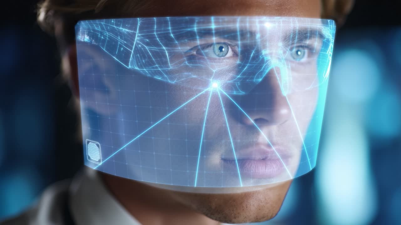 Futuristic Vision: A Close-Up Encounter with Advanced Augmented Reality Glasses Showcasing a Young Man's Determined Gaze and Innovative Technology in Action