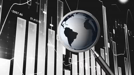 Animación-Del-Mapa-Mundial-Y-Lupa-Sobre-El-Procesamiento-De-Datos-Financieros