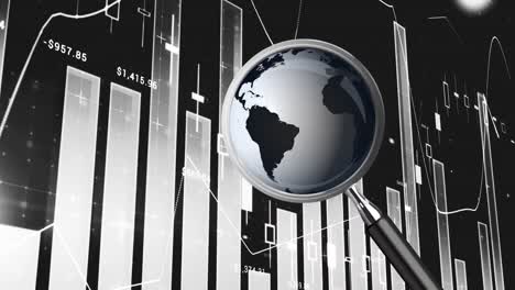 animación del mapa del mundo y lupa sobre el procesamiento de datos financieros