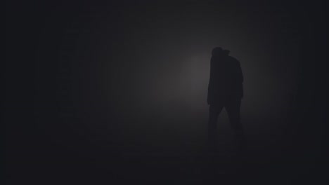 silhouette of a person walking in fog