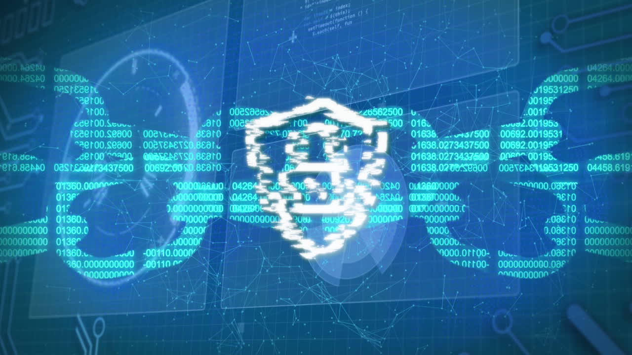 Animation of digital shield with padlock and block chain on blue background